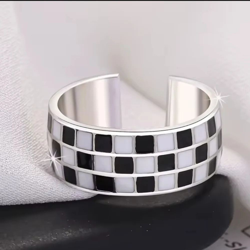 Silver 925 Checkerboard Black White Enamel Chunky Ring
